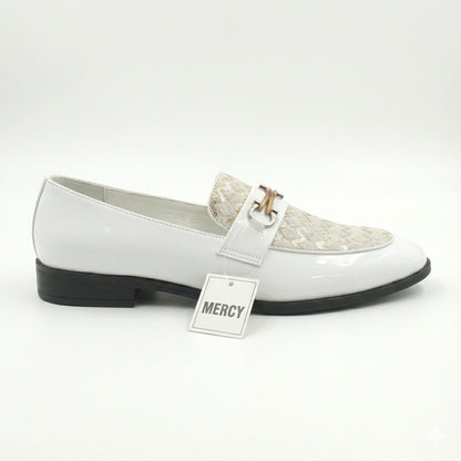 WHITE PATENT LOAFERS WITH GOLDEN TEXTURED FRONT