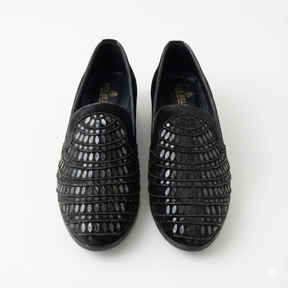 BLACK TEXTURED HANDWORK PARTY LOAFERS