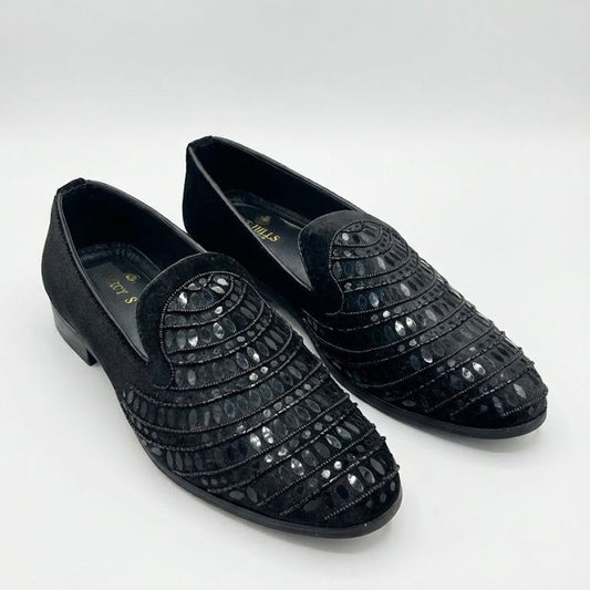 BLACK TEXTURED HANDWORK PARTY LOAFERS