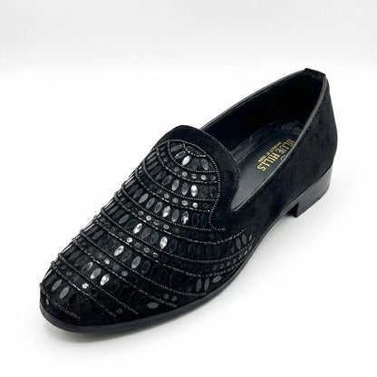 BLACK TEXTURED HANDWORK PARTY LOAFERS