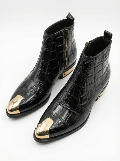 TEXTURE PATENT LEATHER GOLDEN TOE AND HEEL CHELSEA BOOTS